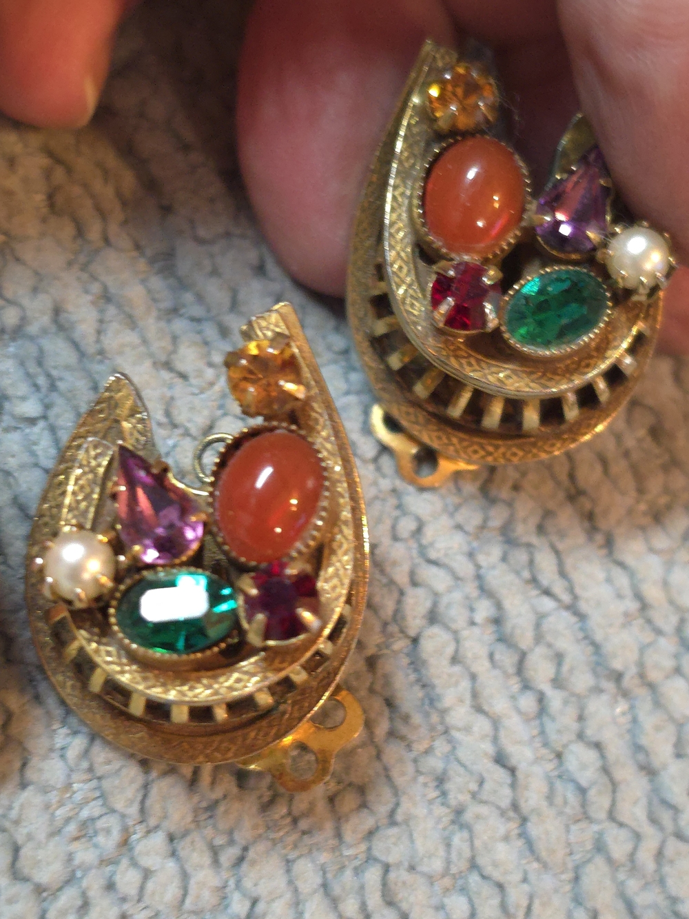 Vintage-Style Gold Plated w/ Multicolor Crystals & Gemstones Clip On Earrings